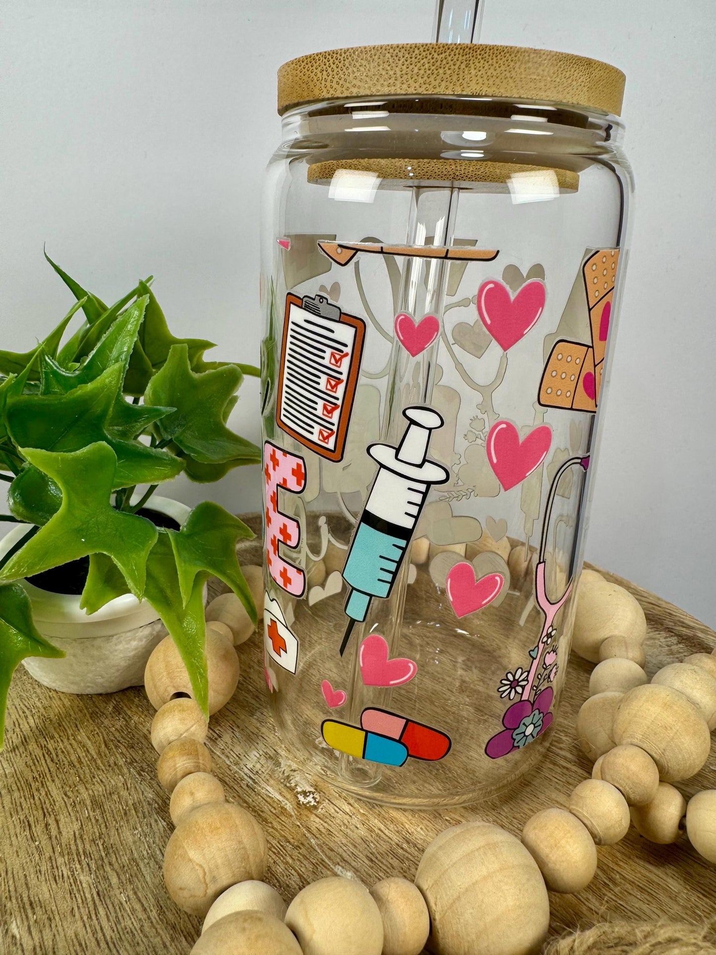 Love Nurse Life 16oz Glass Cup with Vibrant DTF Wrap