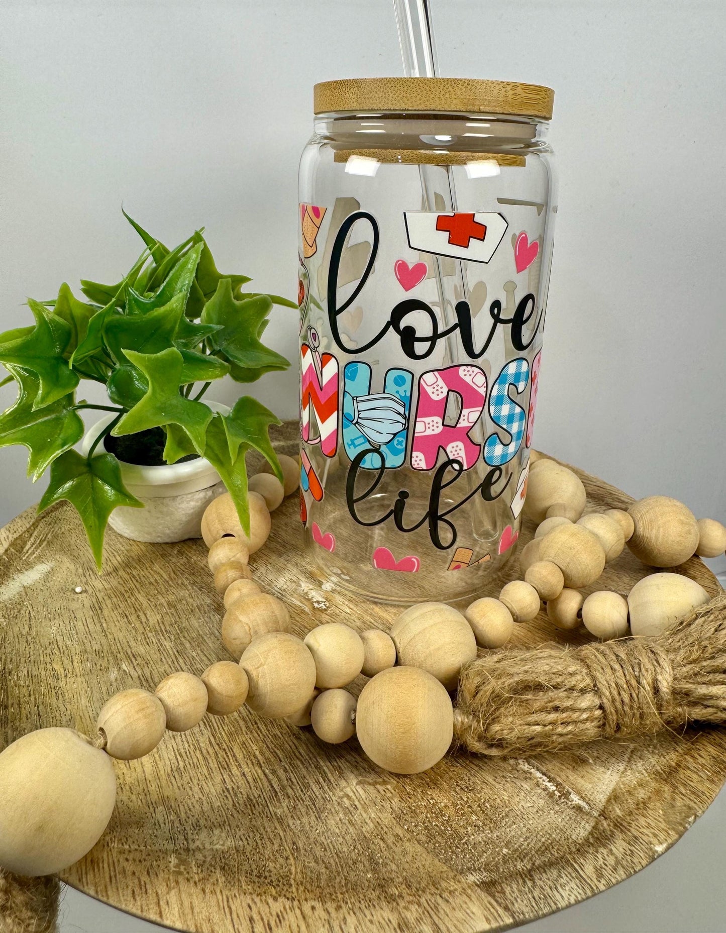 Love Nurse Life 16oz Glass Cup with Vibrant DTF Wrap
