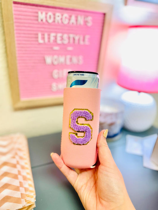 Skinny Can Cooler with Initials Letter Patches for Women and Girls - Perfect for Drinkware and Water bottles