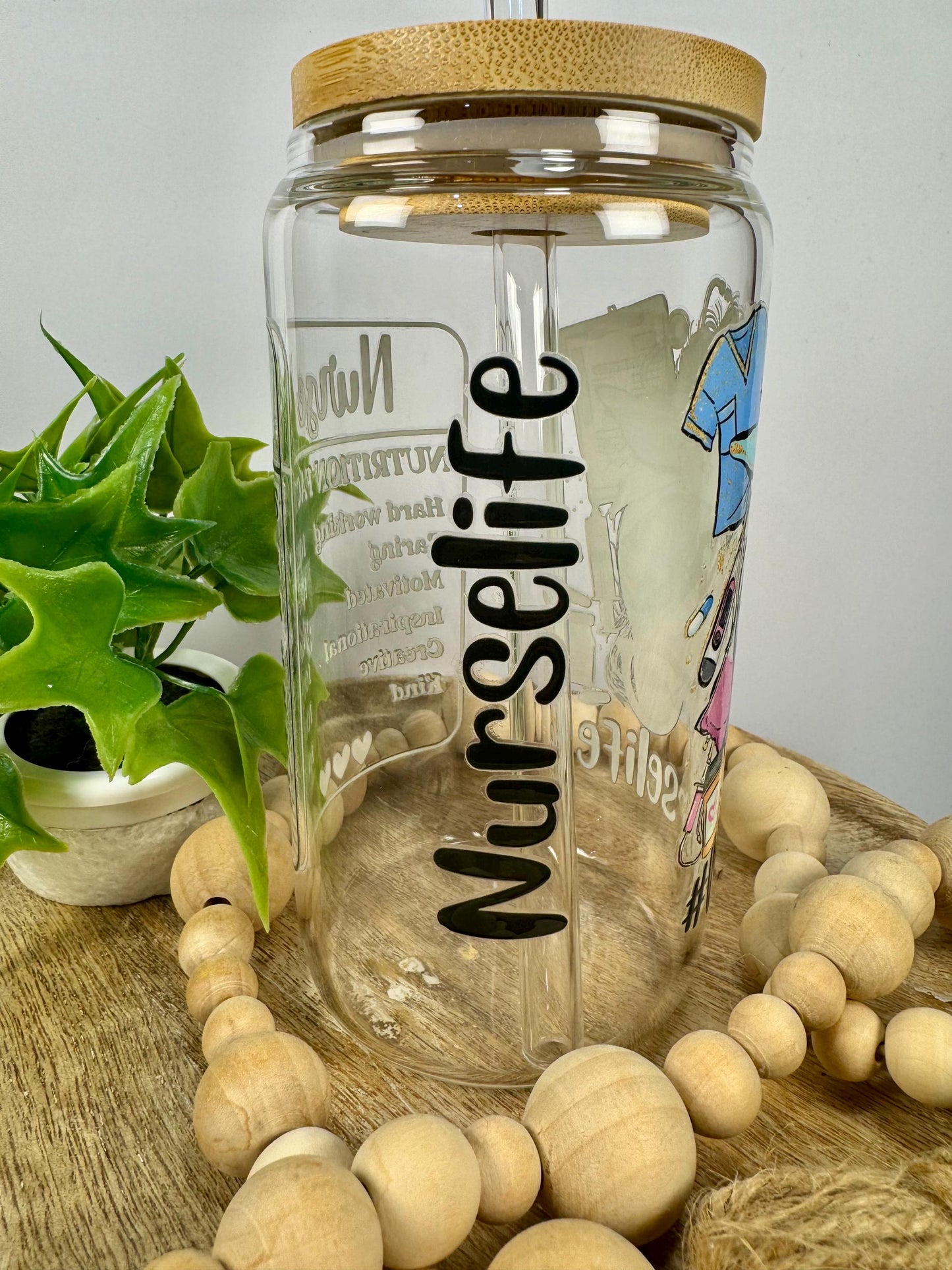 Nurse Life 16oz Glass Cup with Vibrant DTF Wrap