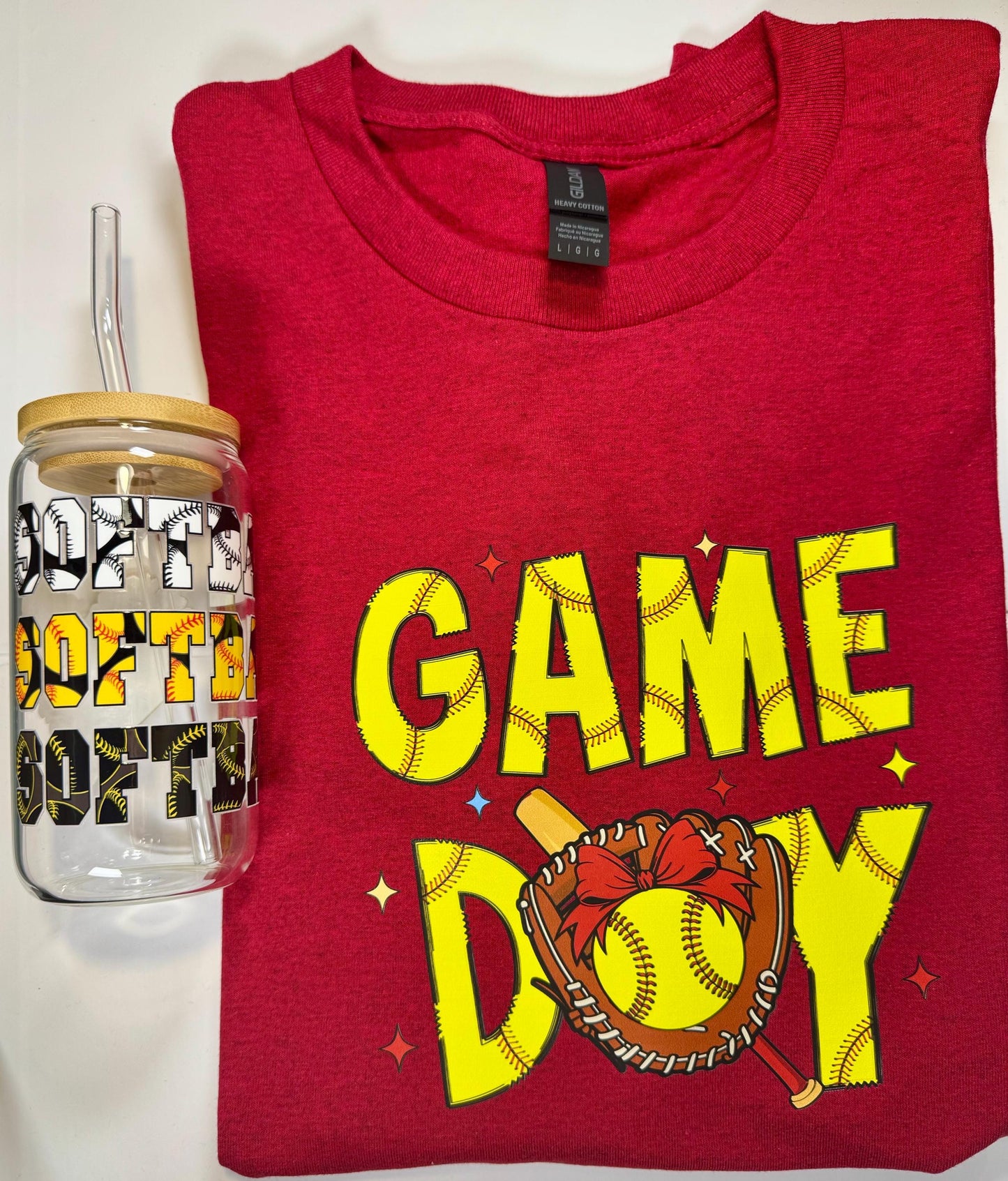 16oz Glass Cup With Bamboo Lid & Reusable Straw With Matching TShirt for Softball Fans Mamas Family and Friends - Eco Friendly Drinkware