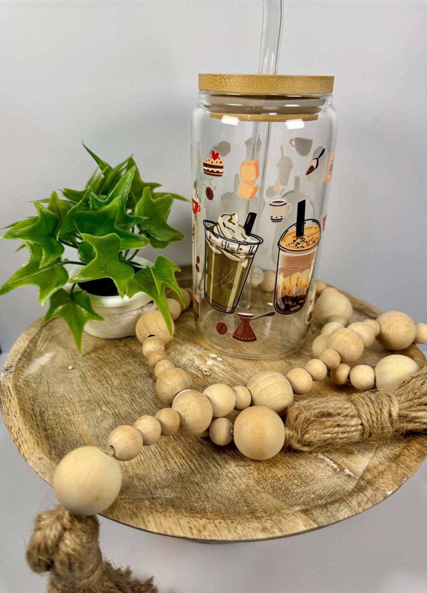 Cute Coffee Style Glass Cup With Bamboo Lid & Reusable Straw for coffee lovers