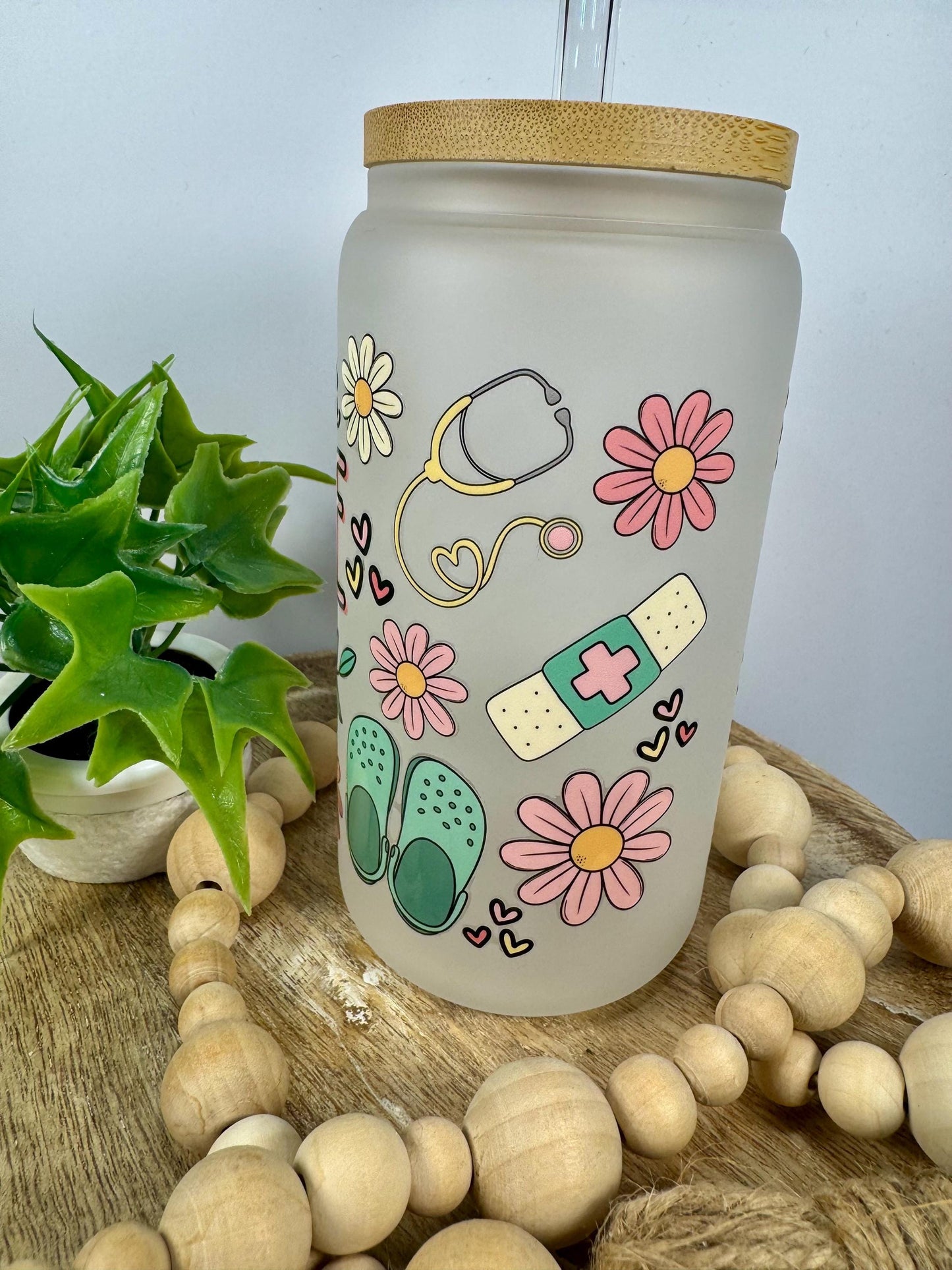 Nurses 16oz Glass Cup with Vibrant DTF Wrap