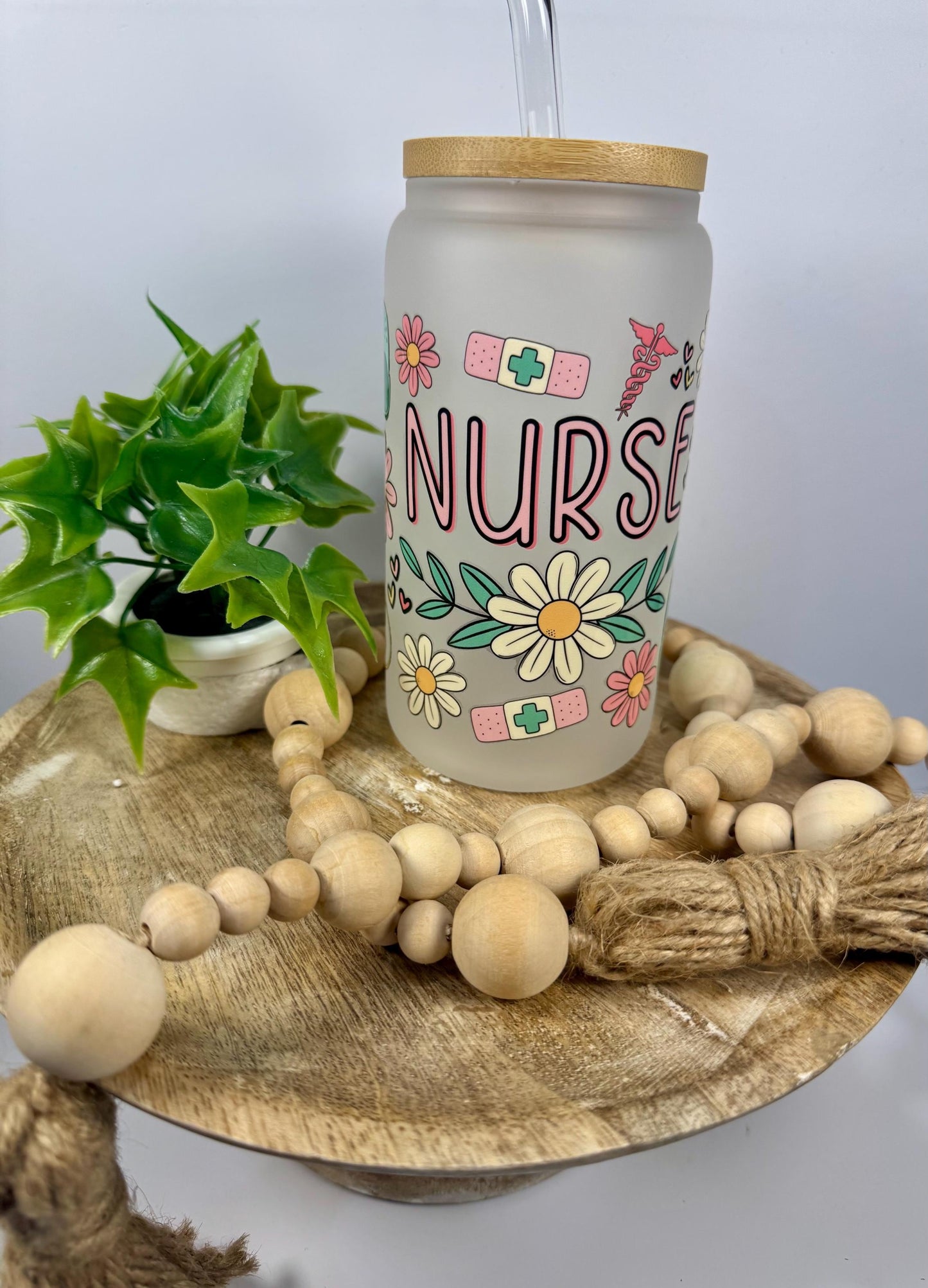 Nurses 16oz Glass Cup with Vibrant DTF Wrap