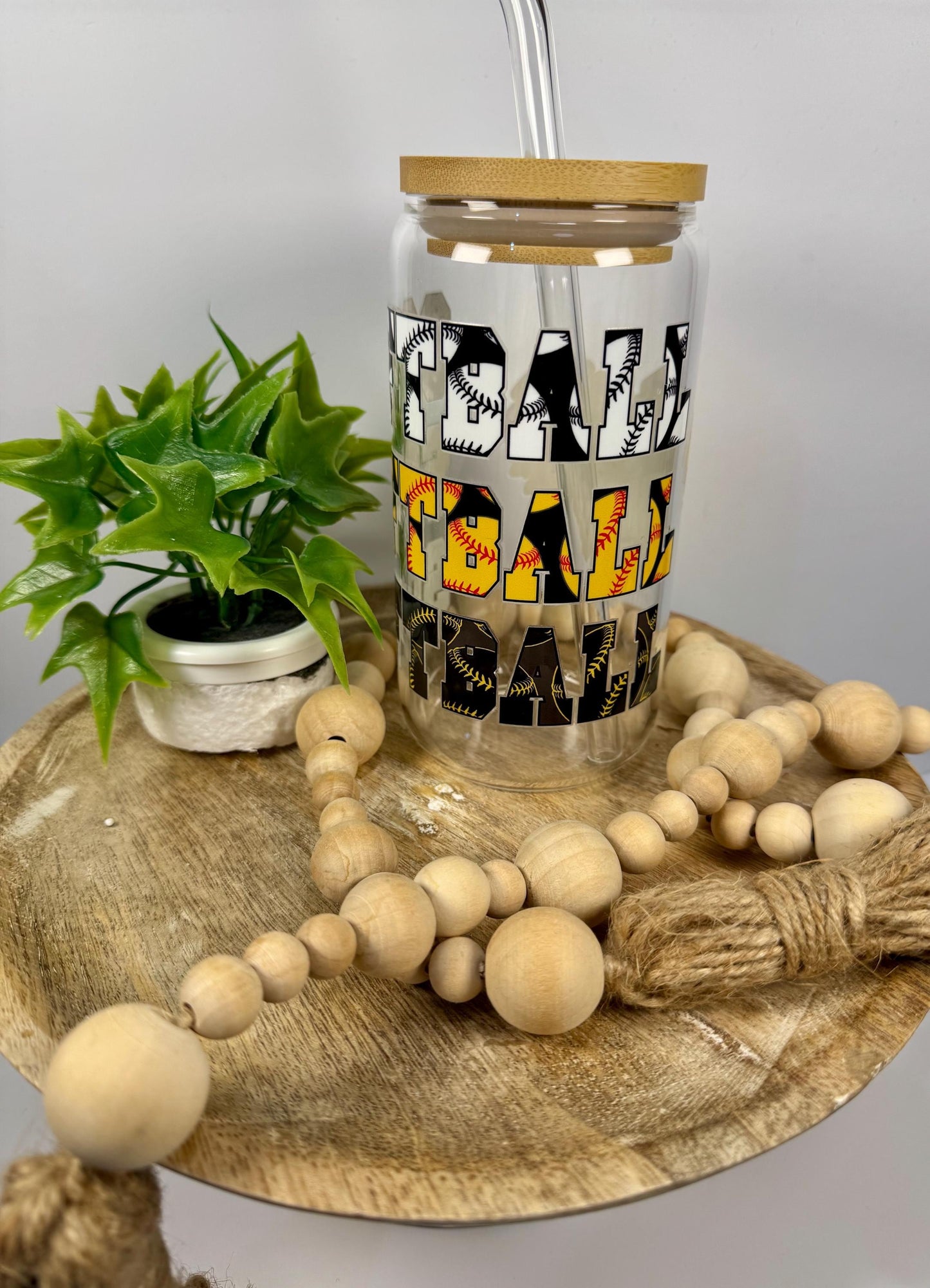 Softball Glass Cup With Bamboo Lid & Reusable Straw for Softball Players or Softball Moms