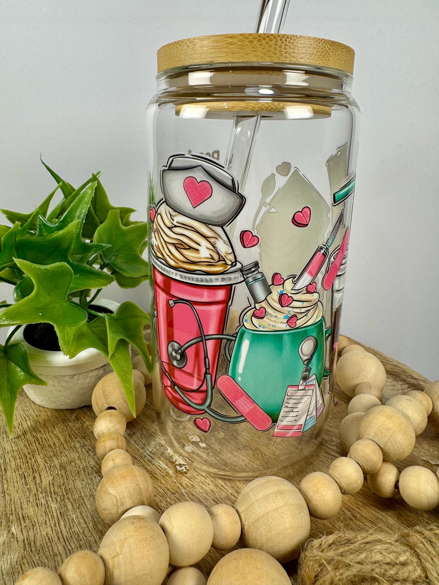 Nurse style 16oz Glass Cup with Vibrant DTF Wrap