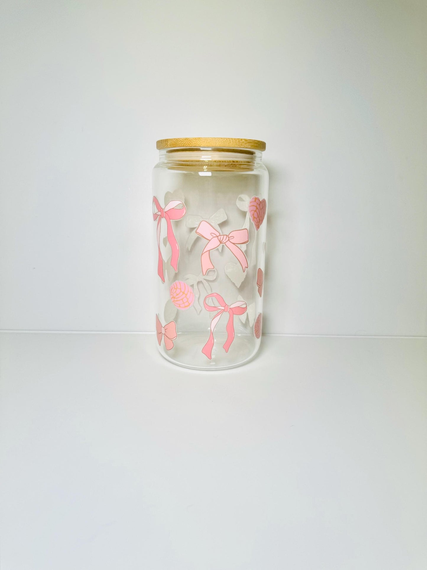 Pink Bows Style 2 Glass Cup With Bamboo Lid & Straw