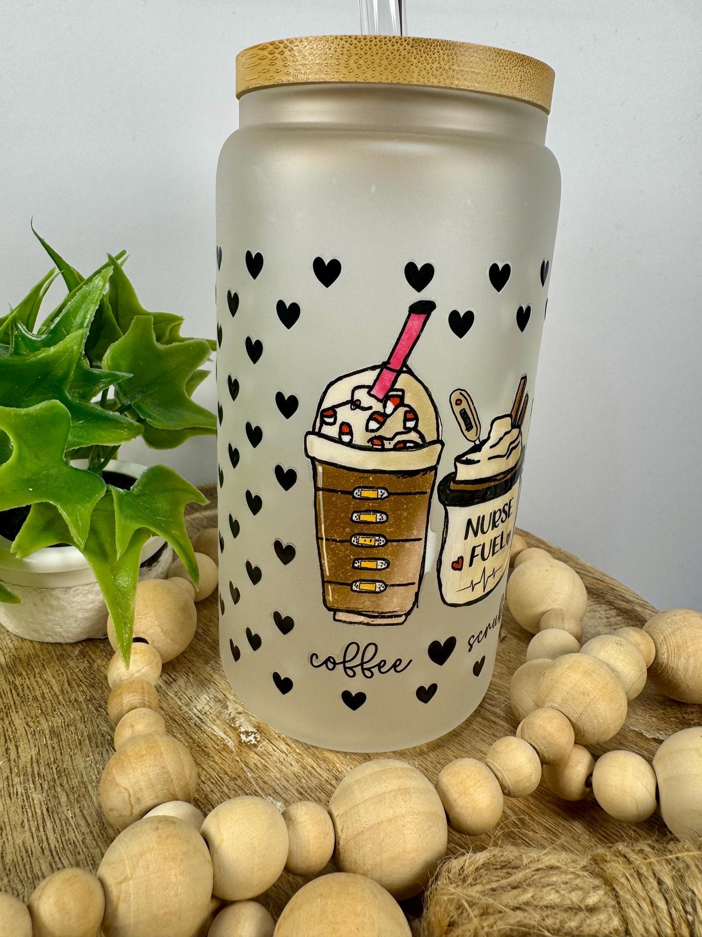 Coffee Scrubs & Rubber Gloves 16oz Glass Cup with Vibrant DTF Wrap
