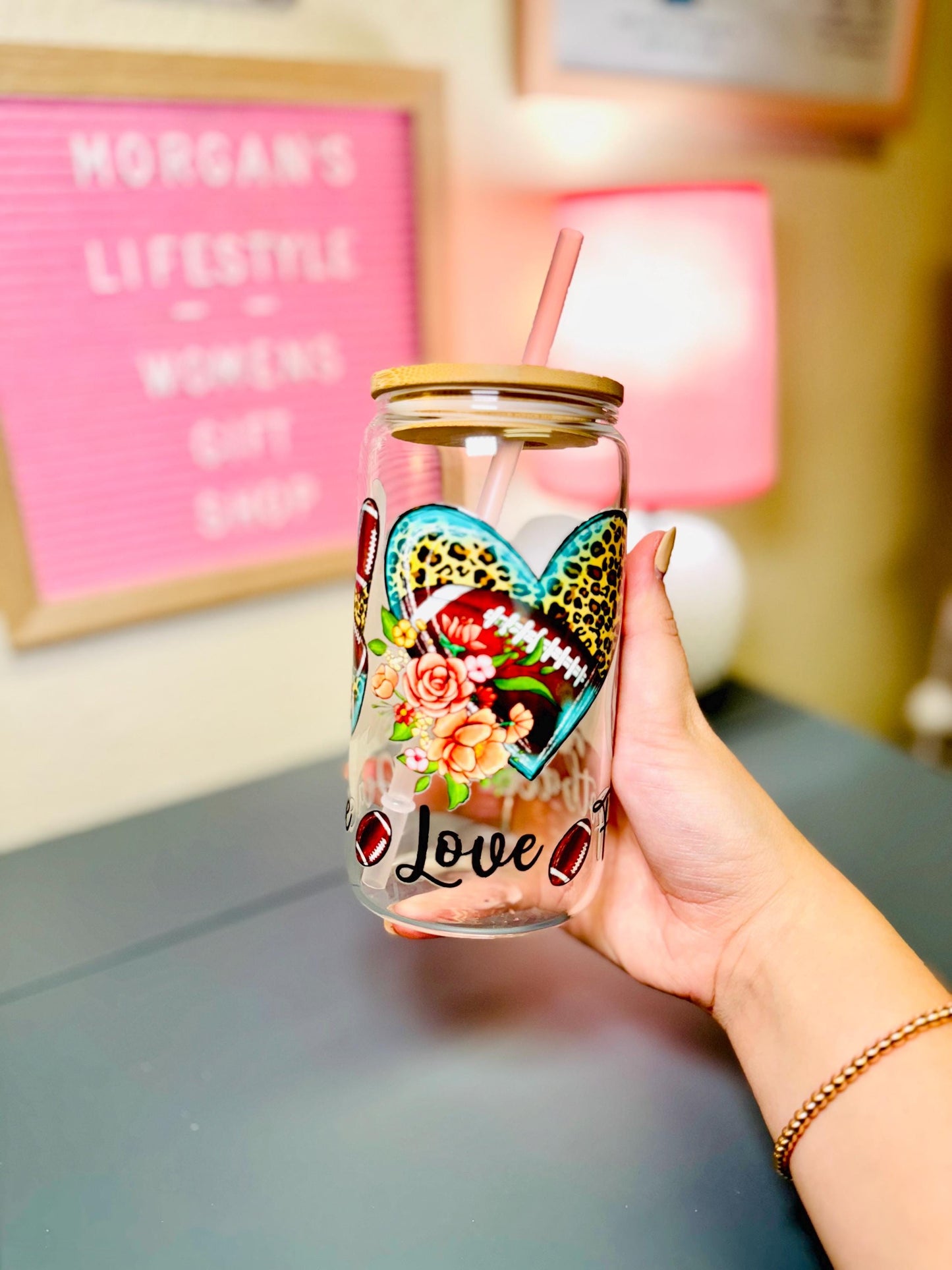 Football Glass Cup With Bamboo Lid & Reusable Straw for Football Season