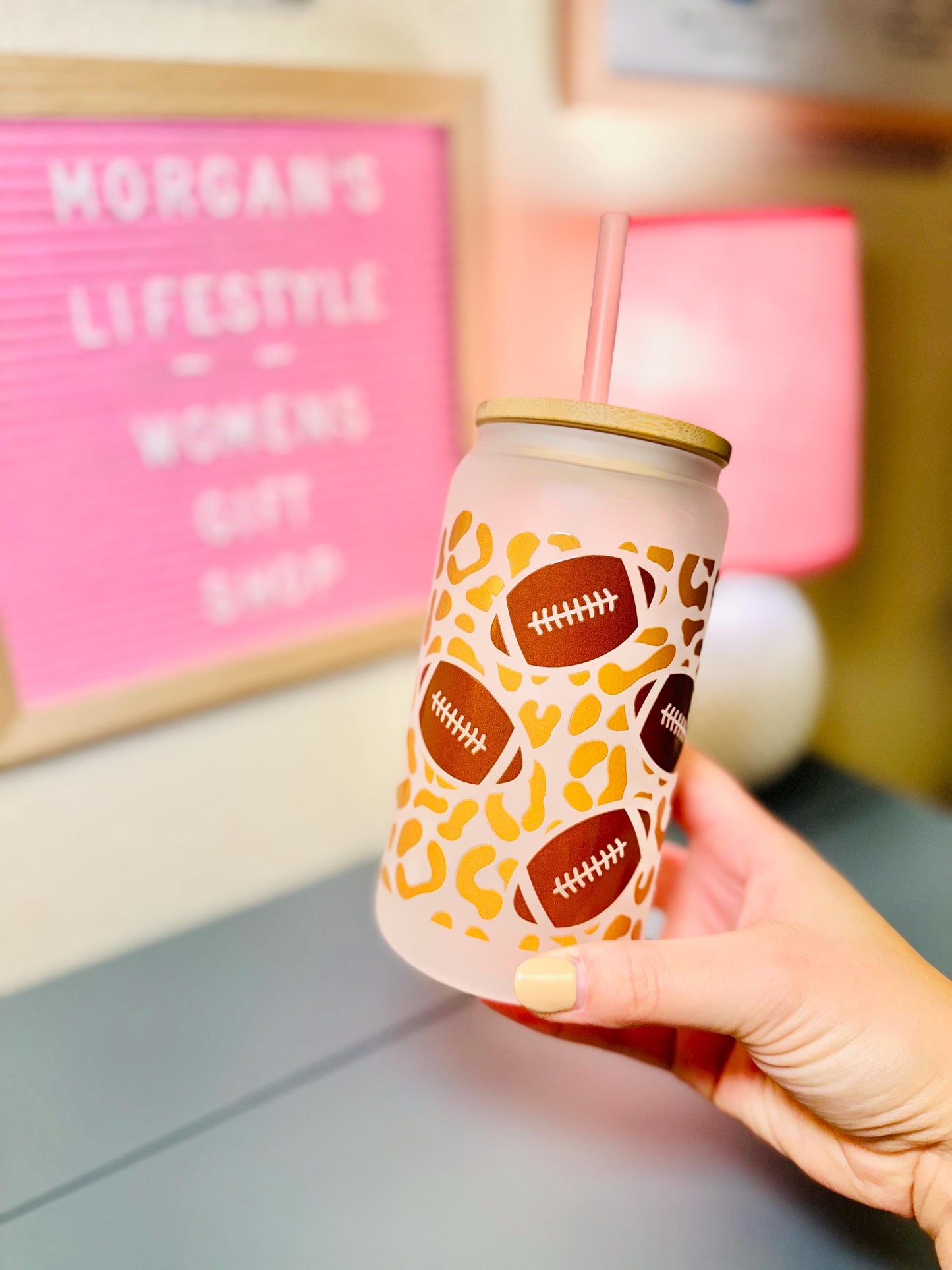 Football Glass Cup With Bamboo Lid & Reusable Straw for Football Season