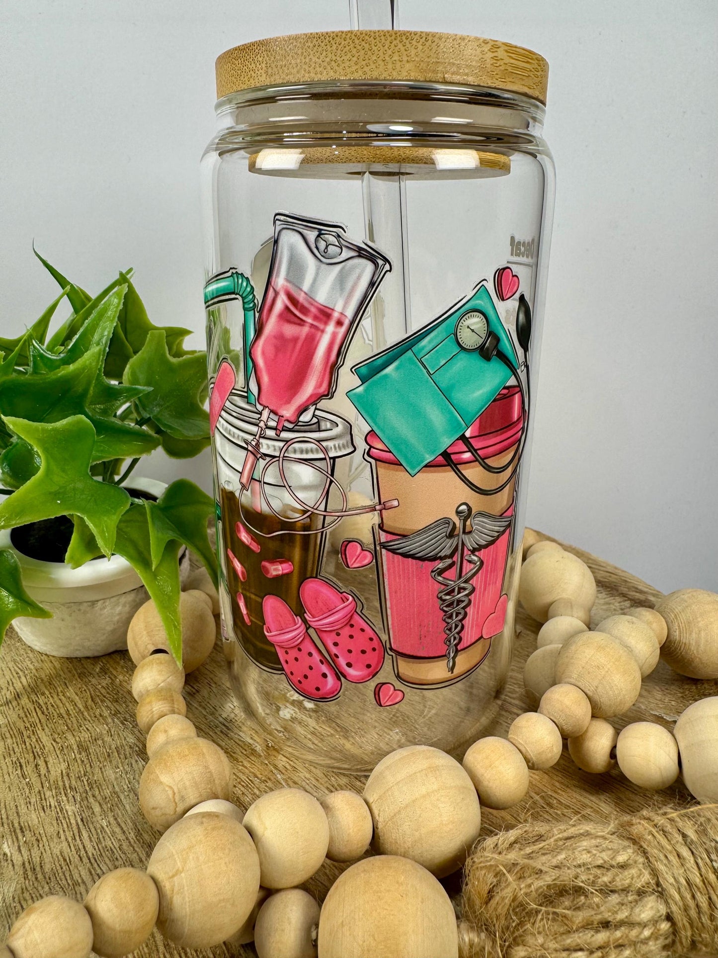 Nurse style 16oz Glass Cup with Vibrant DTF Wrap