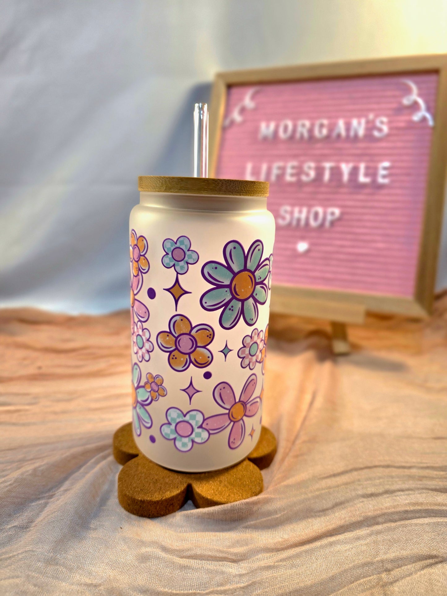 Vibrant Flower 16oz Frosted Glass Cup with Vibrant DTF Wrap