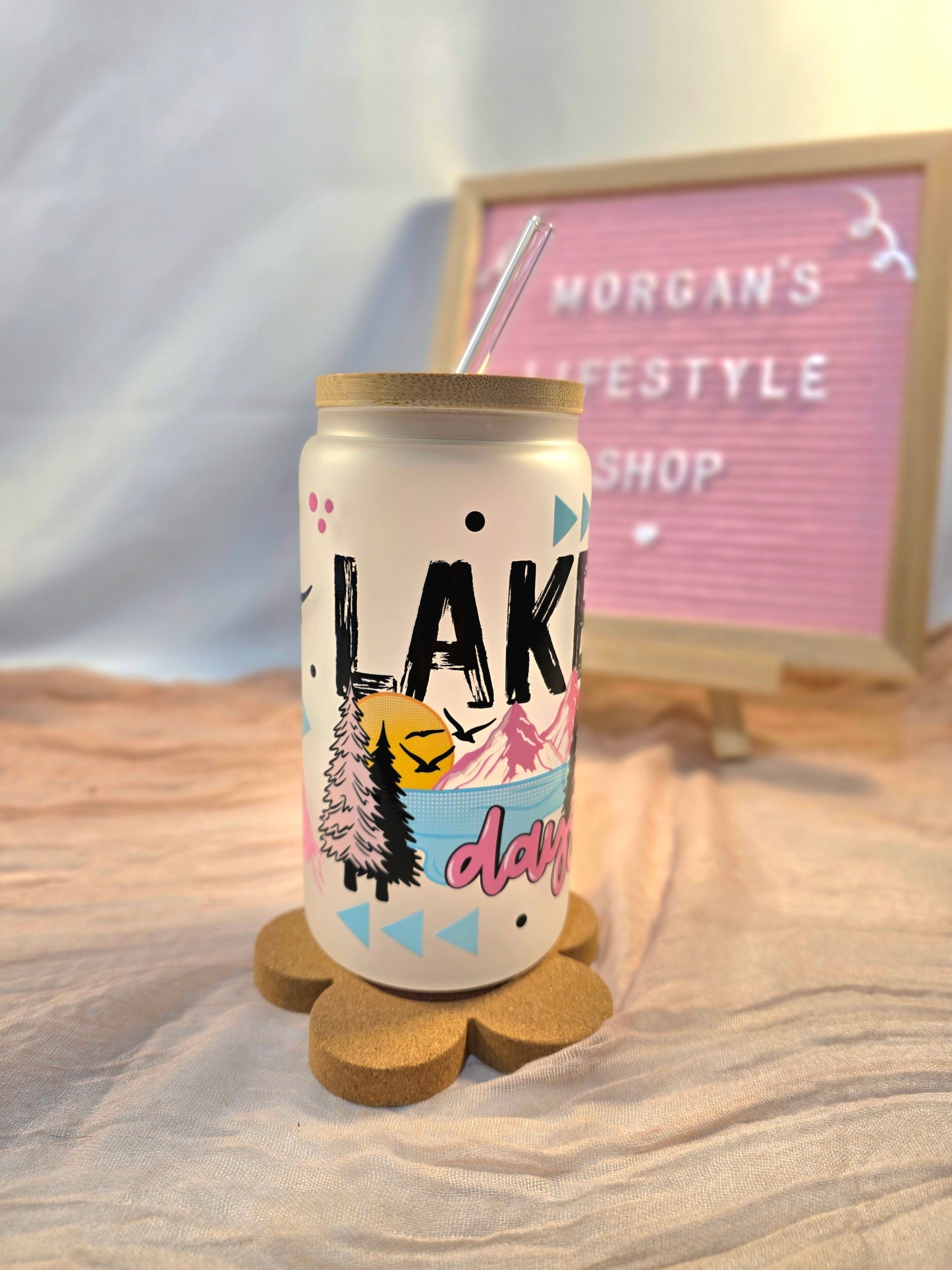 Lake Days 16oz Frosted Glass Cup with Vibrant DTF Wrap