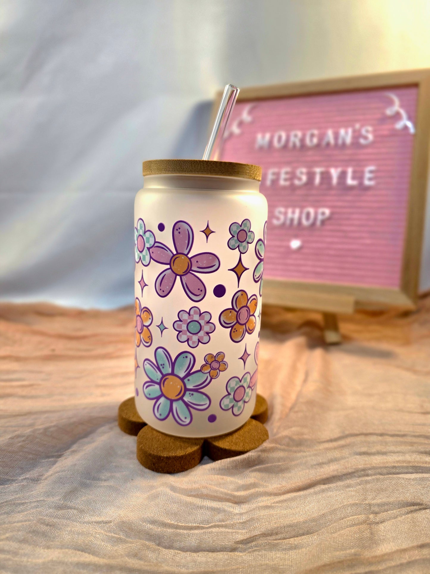 Vibrant Flower 16oz Frosted Glass Cup with Vibrant DTF Wrap