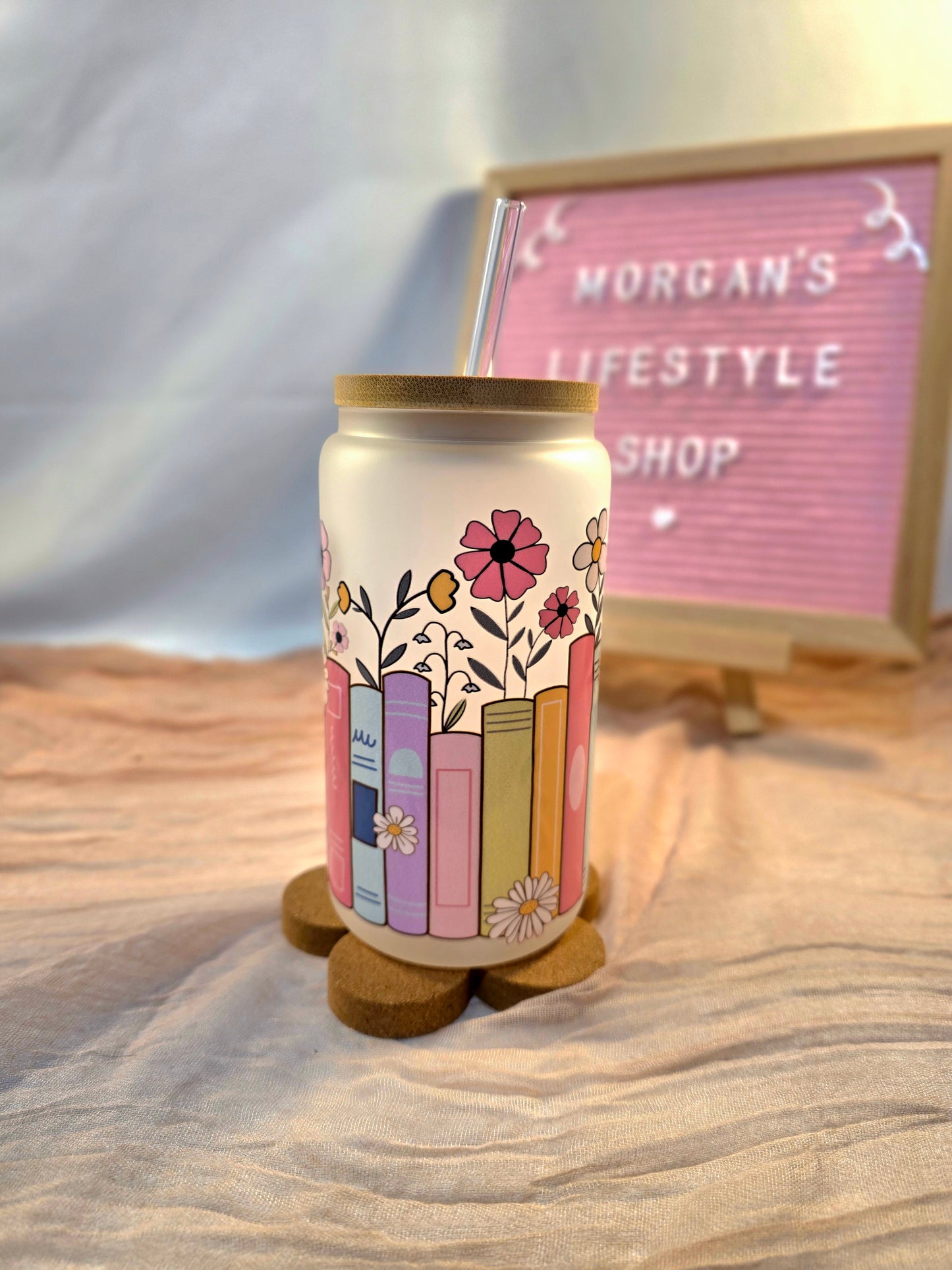Books & Flowers 16oz Frosted Glass Cup with Vibrant DTF Wrap