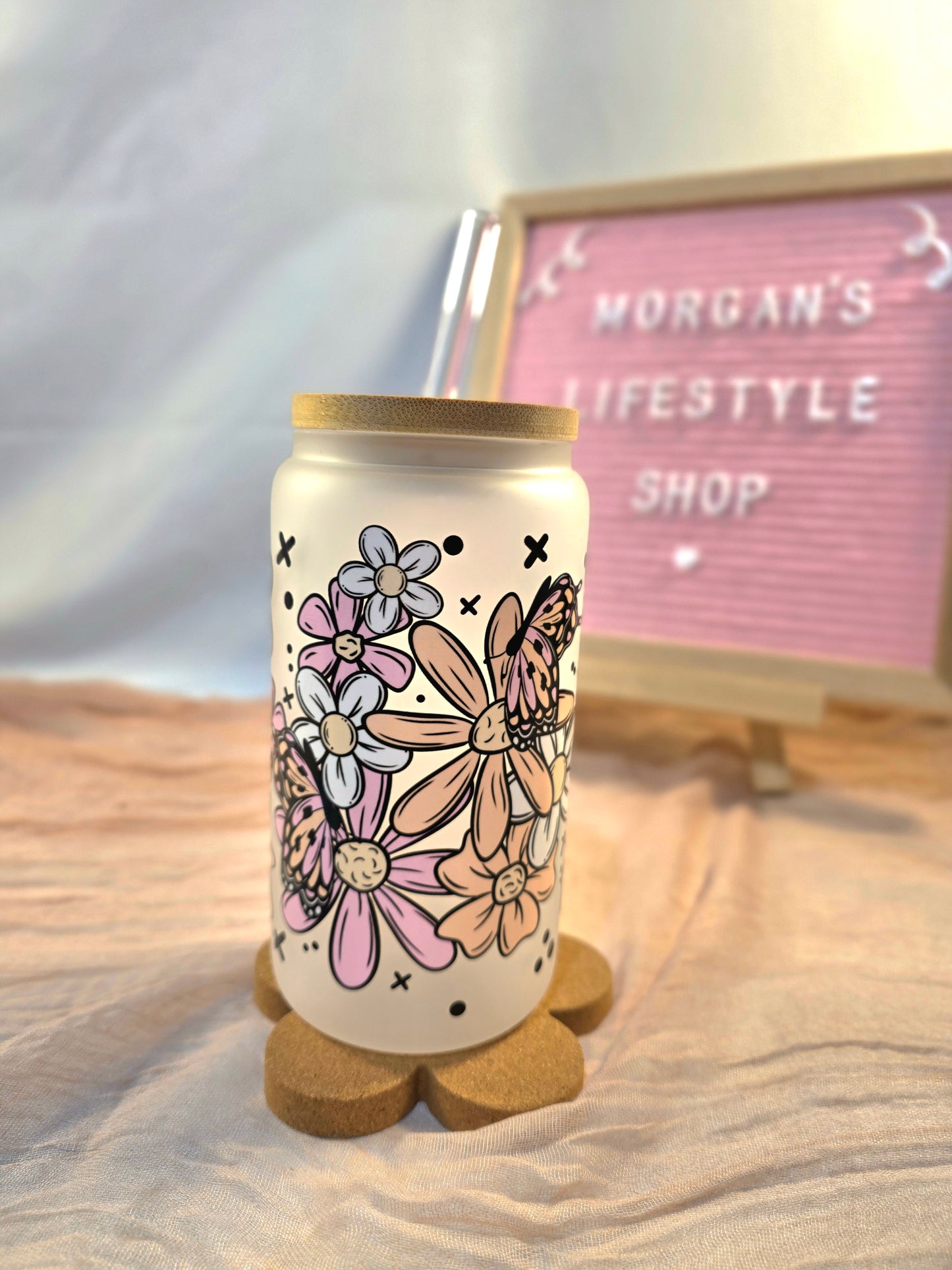 Flowers & Butterflies 16oz Frosted Glass Cup with Vibrant DTF Wrap