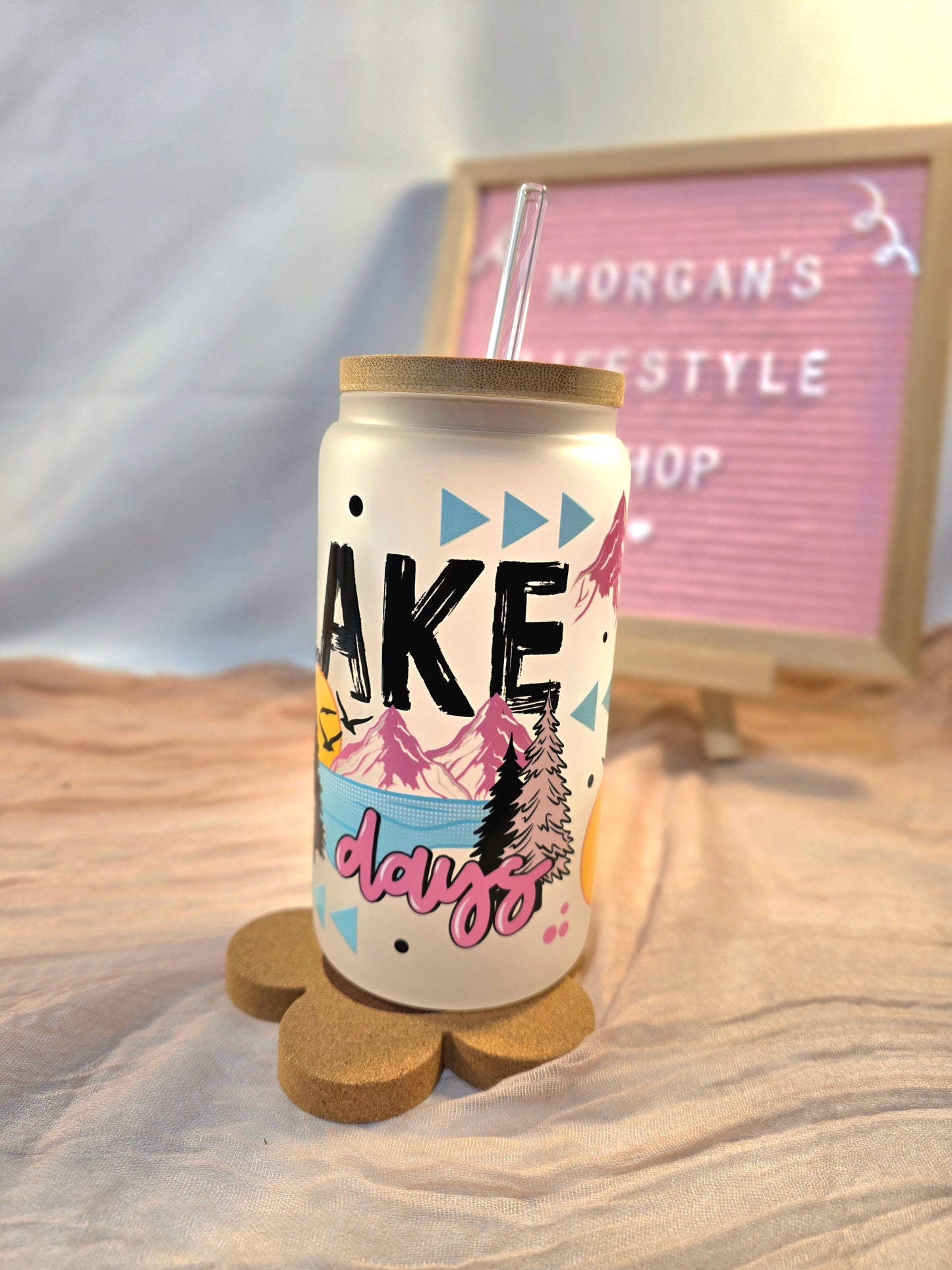 Lake Days 16oz Frosted Glass Cup with Vibrant DTF Wrap