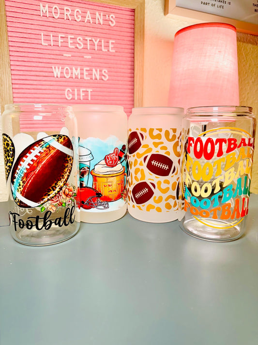 Football Glass Cup With Bamboo Lid & Reusable Straw for Football Season