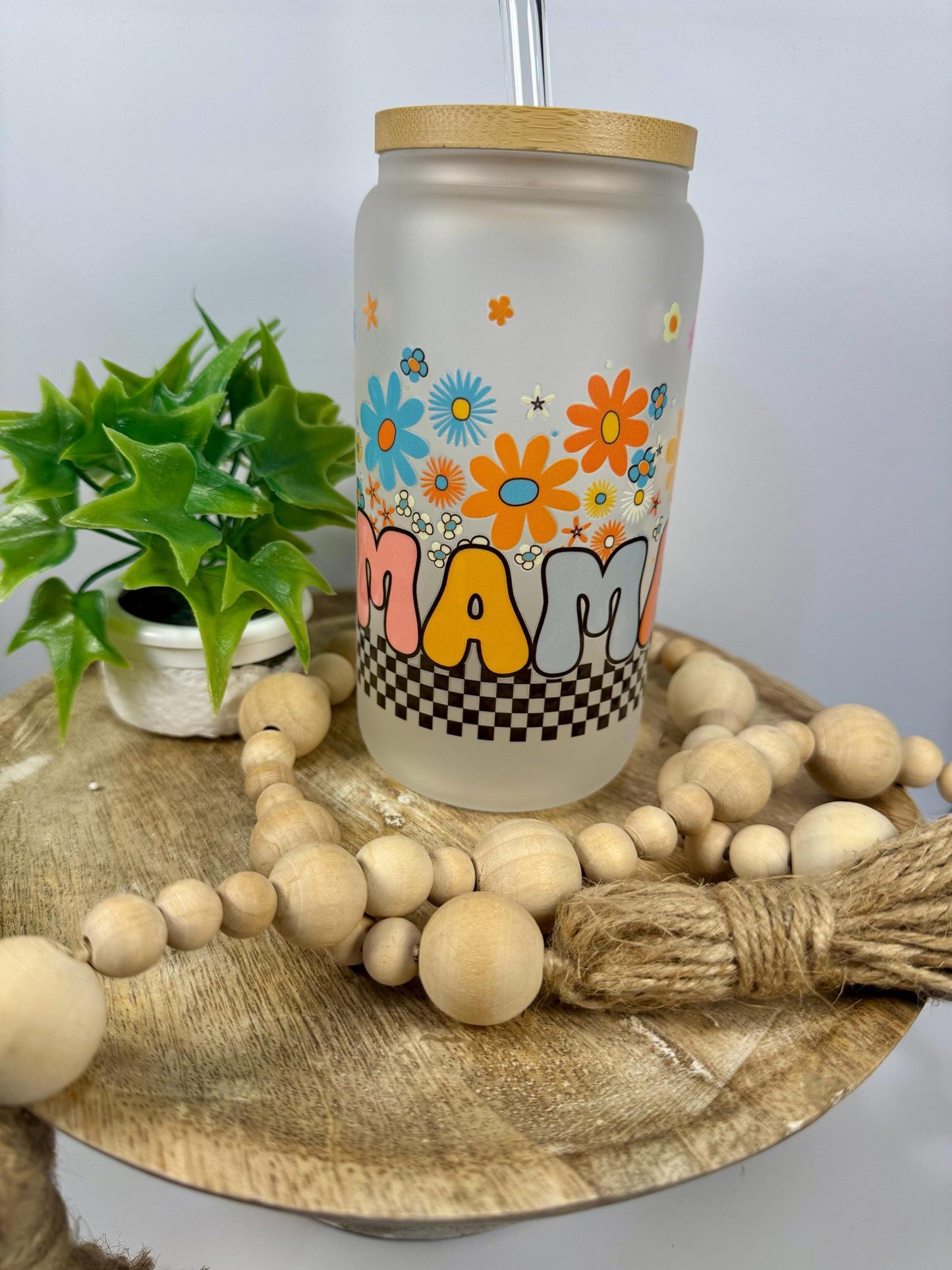 Mama with Flowers 16oz Glass Cup with Vibrant DTF Wrap