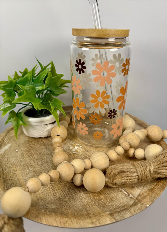 Flower Coffee Style Glass Cup With Bamboo Lid & Reusable Straw for coffee lovers