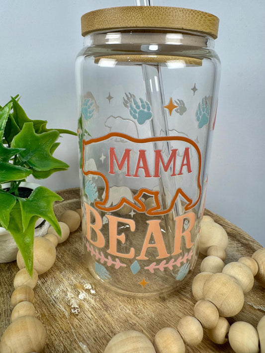Mama Bear 16oz Glass Cup with Vibrant DTF Wrap