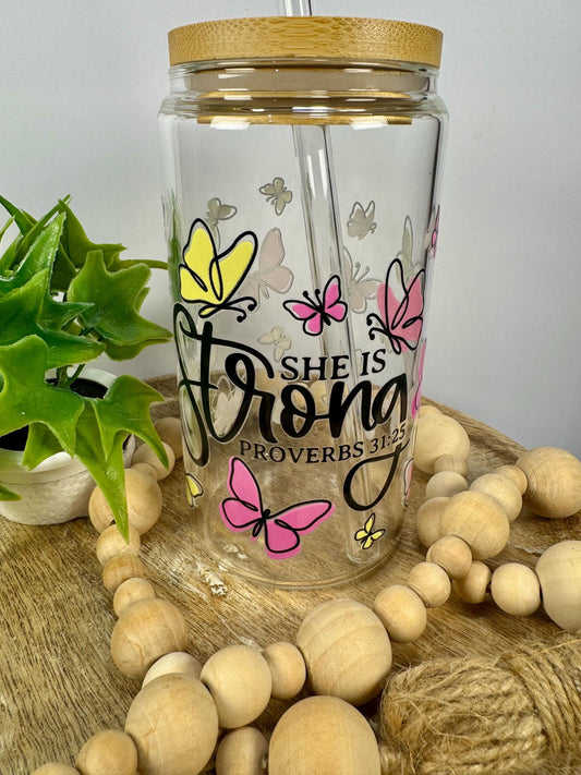 She is Strong 16oz Glass Cup with Vibrant DTF Wrap