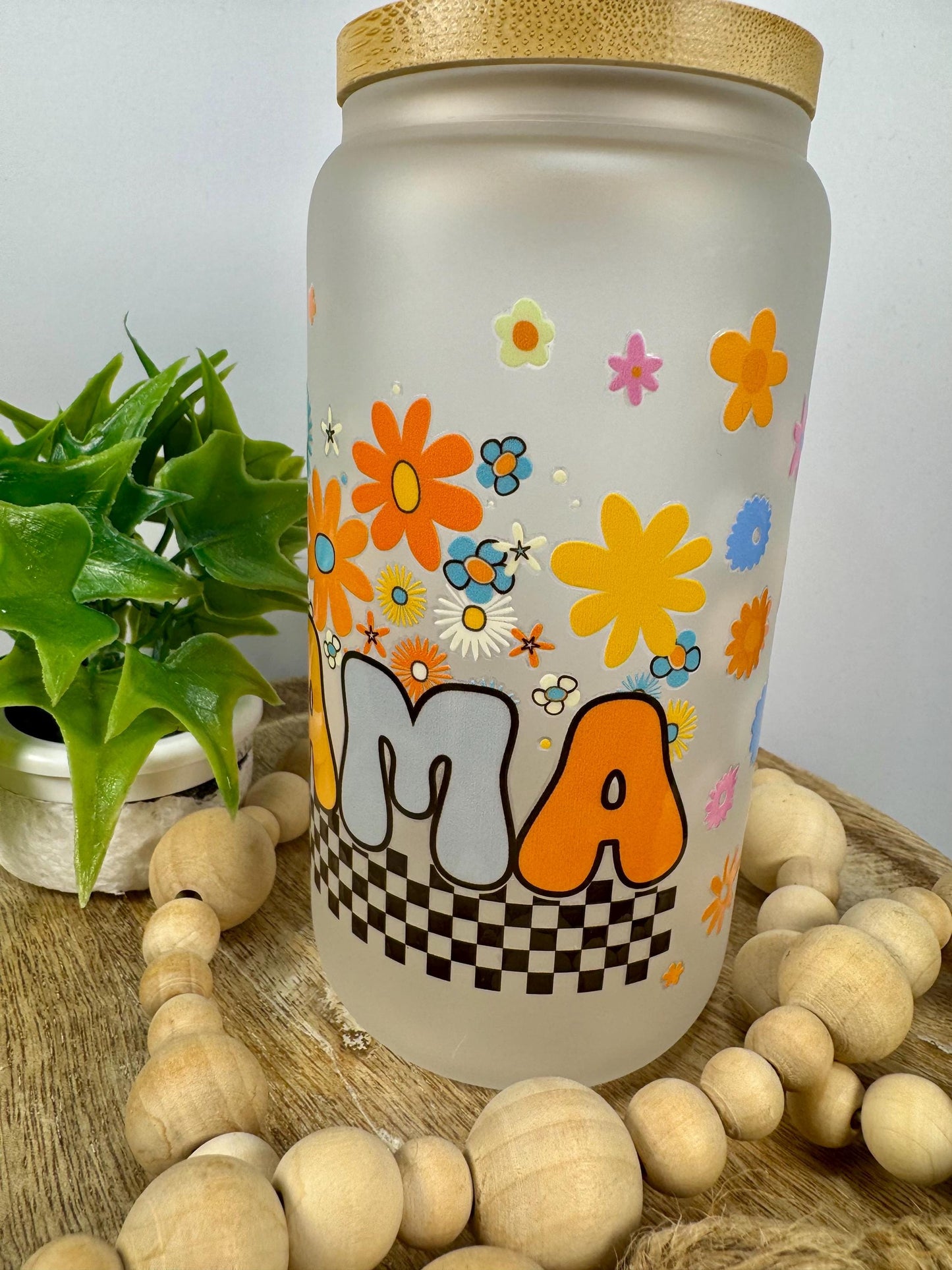 Mama with Flowers 16oz Glass Cup with Vibrant DTF Wrap
