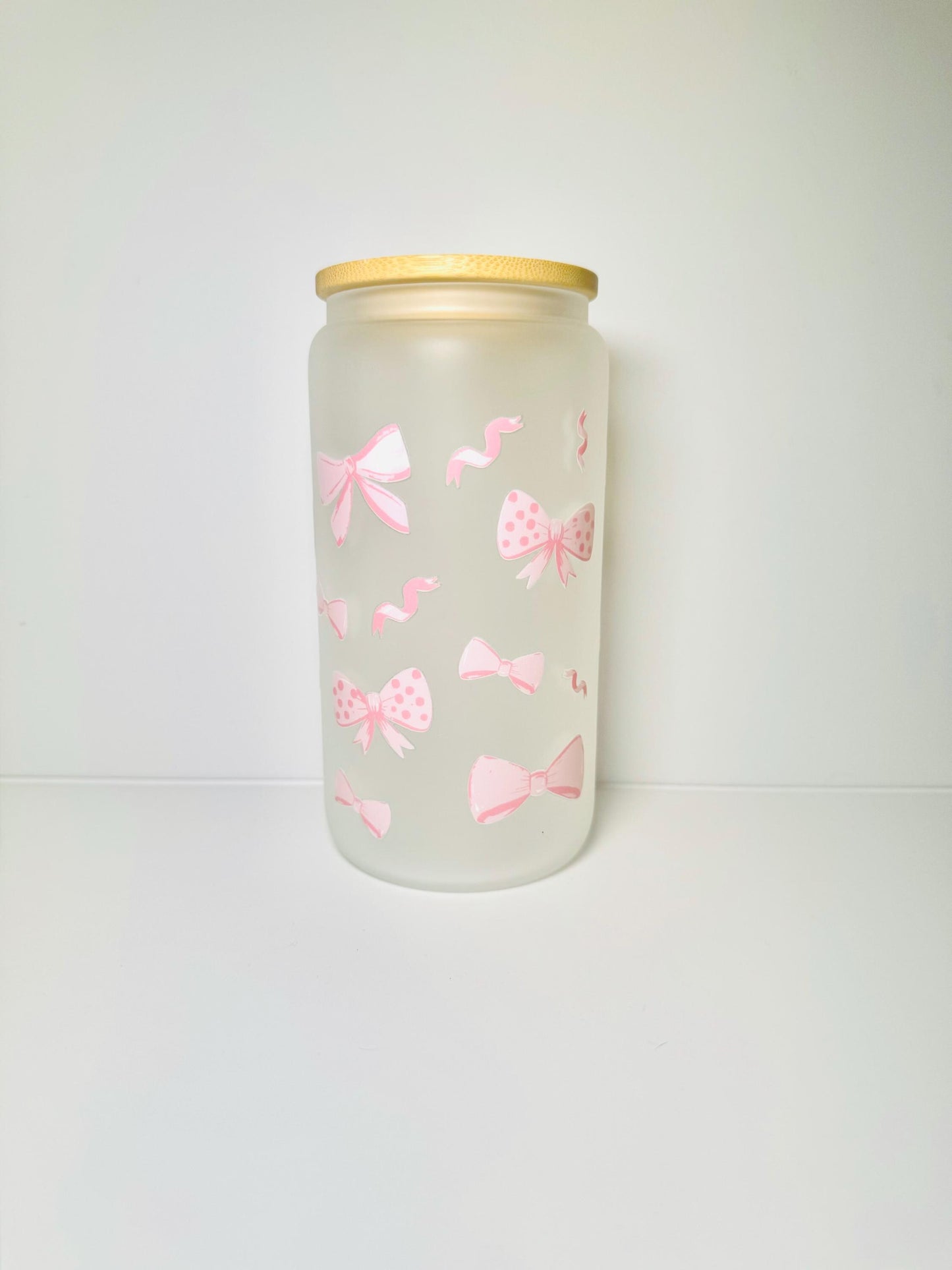 Pink Bows Style 1 Glass Cup With Bamboo Lid & Straw