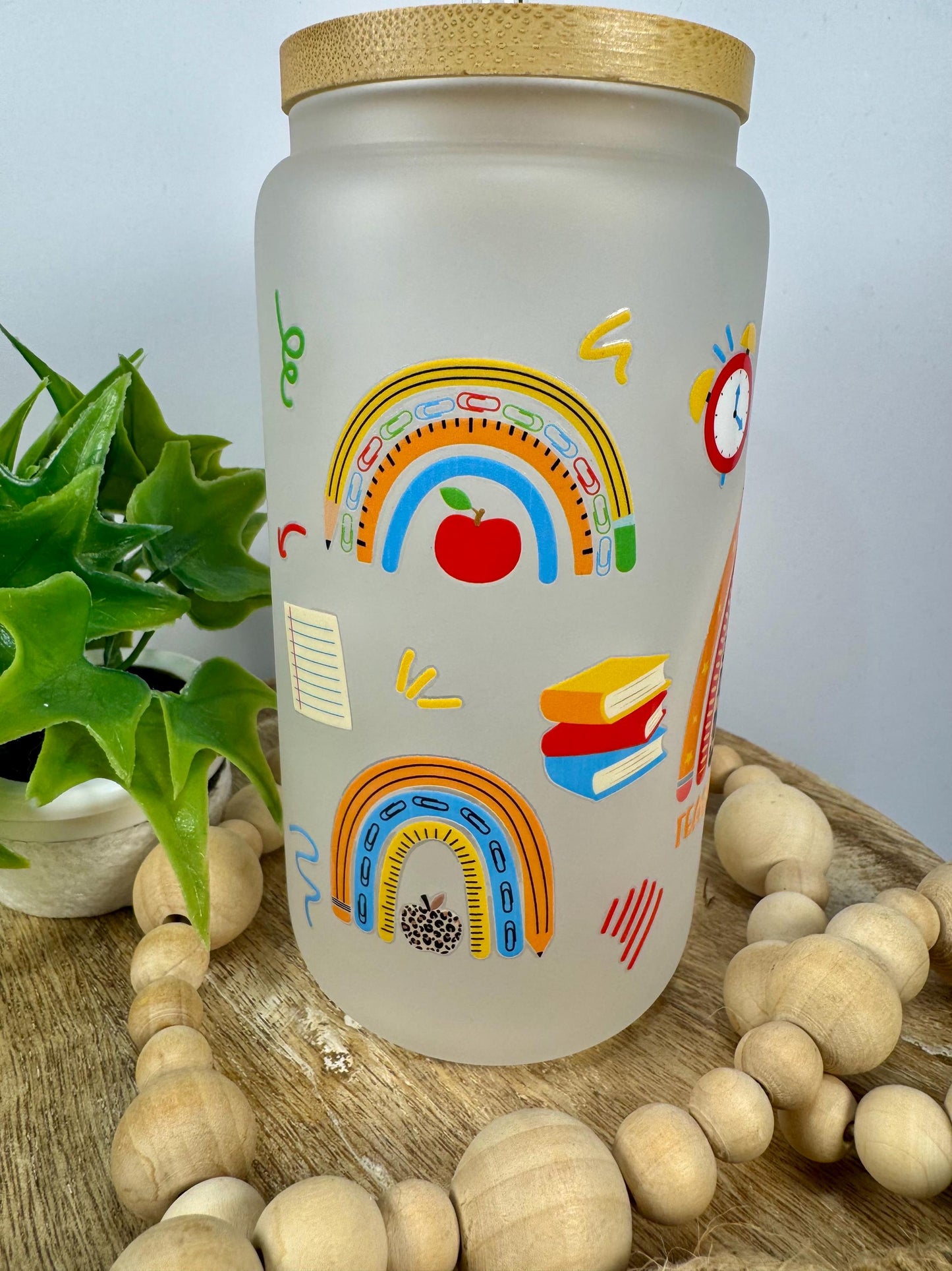 Teach Love Inspire 16oz Glass Cup with Vibrant DTF Wrap