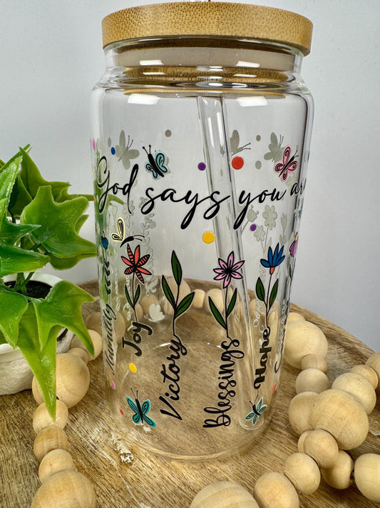 God Says 16oz Glass Cup with Vibrant DTF Wrap