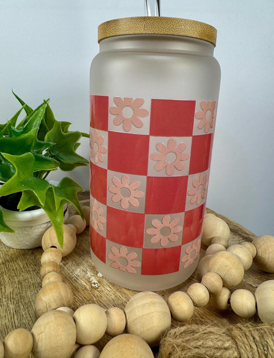 Checked Flowers 16oz Glass Cup with Vibrant DTF Wrap