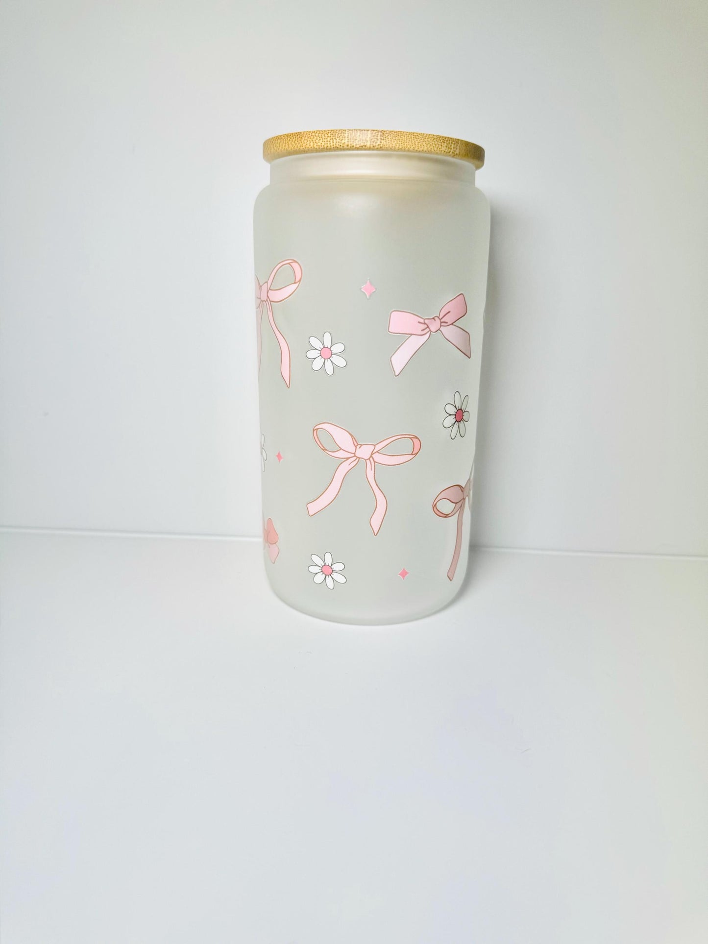 Pink Bows Style 1 Glass Cup With Bamboo Lid & Straw