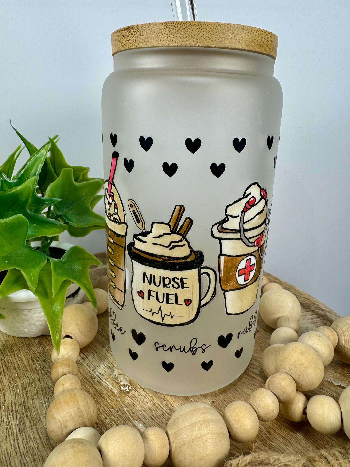 Coffee Scrubs & Rubber Gloves 16oz Glass Cup with Vibrant DTF Wrap