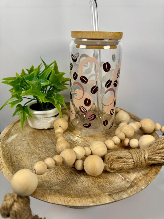 Coffee Beans Style Glass Cup With Bamboo Lid & Reusable Straw for coffee lovers
