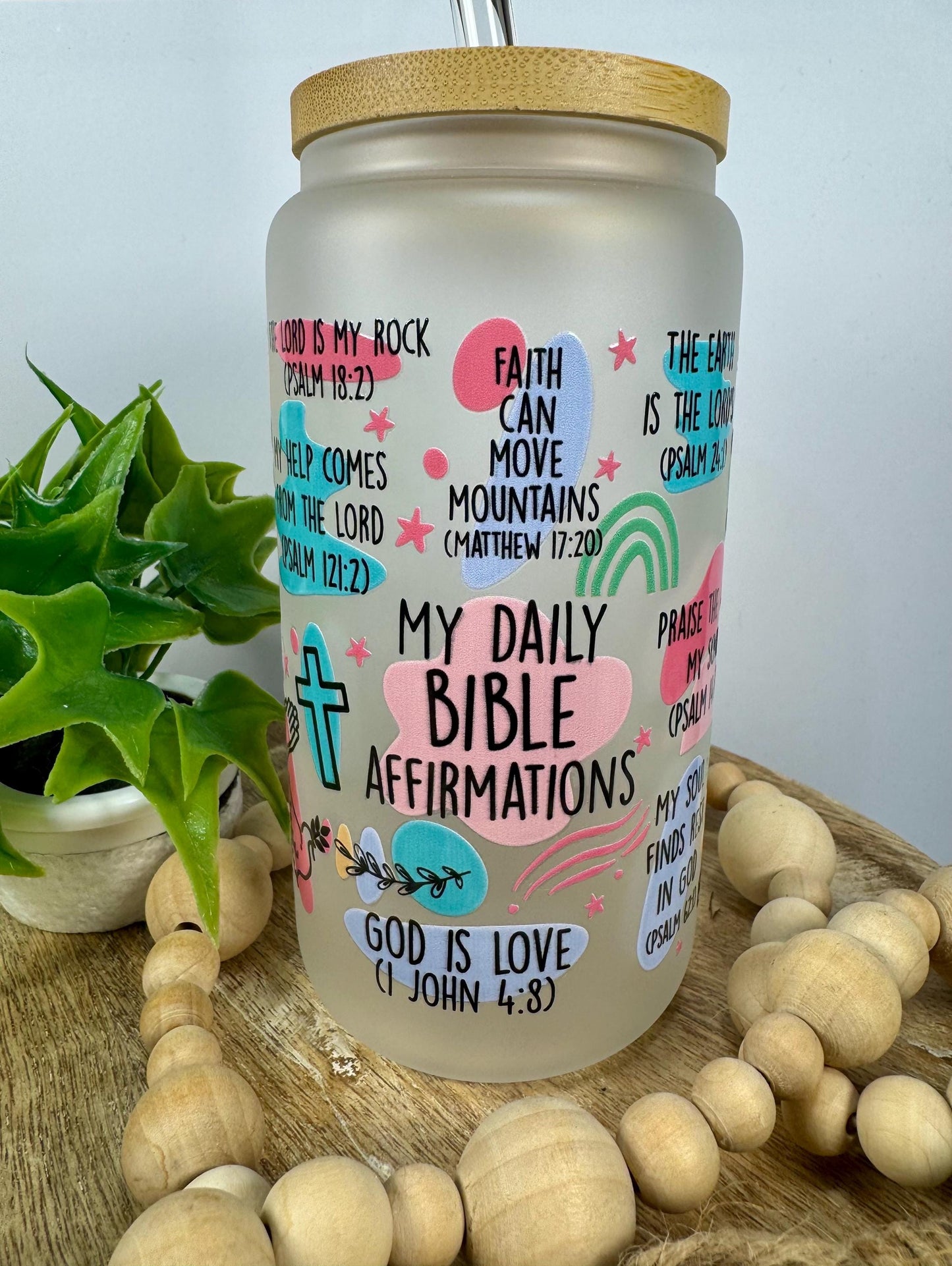 Bible Affirmations 16oz Glass Cup with Vibrant DTF Wrap