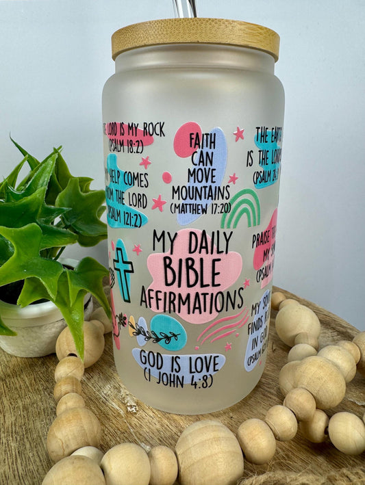 Bible Affirmations 16oz Glass Cup with Vibrant DTF Wrap