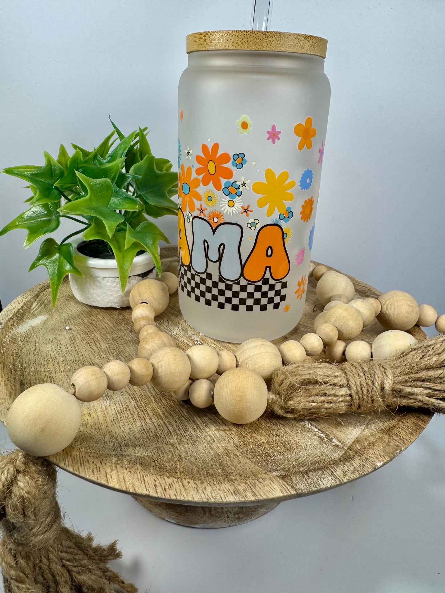 Mama with Flowers 16oz Glass Cup with Vibrant DTF Wrap