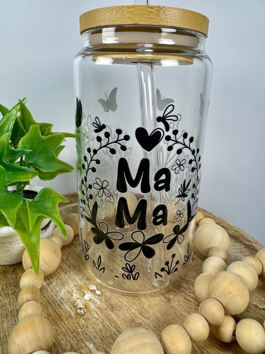Mama Style 1 16oz Glass Cup with Vibrant DTF Wrap