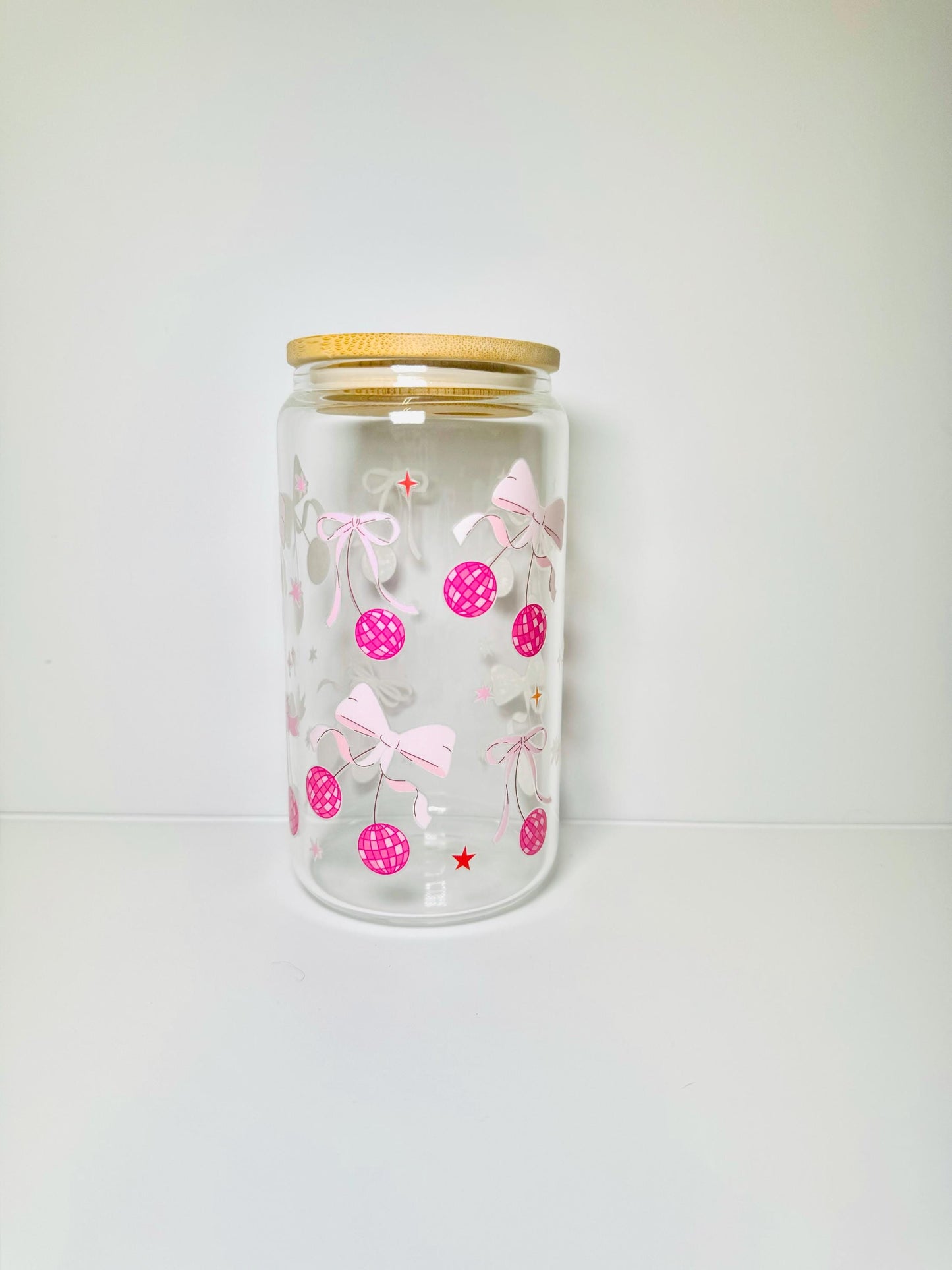Pink Bows Style 2 Glass Cup With Bamboo Lid & Straw