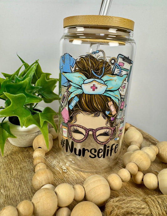 Nurse Life 16oz Glass Cup with Vibrant DTF Wrap