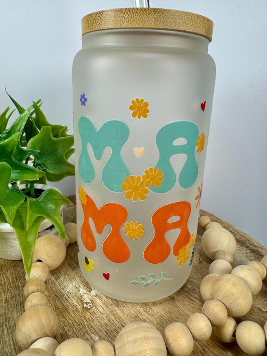 Mama Style 2 16oz Glass Cup with Vibrant DTF Wrap