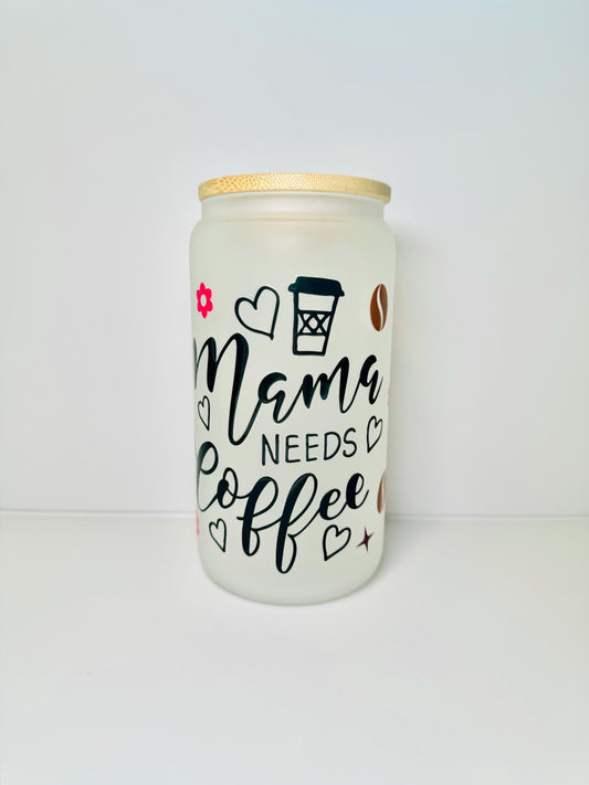 Mama Needs Coffee Glass Cup With Bamboo Lid & Straw