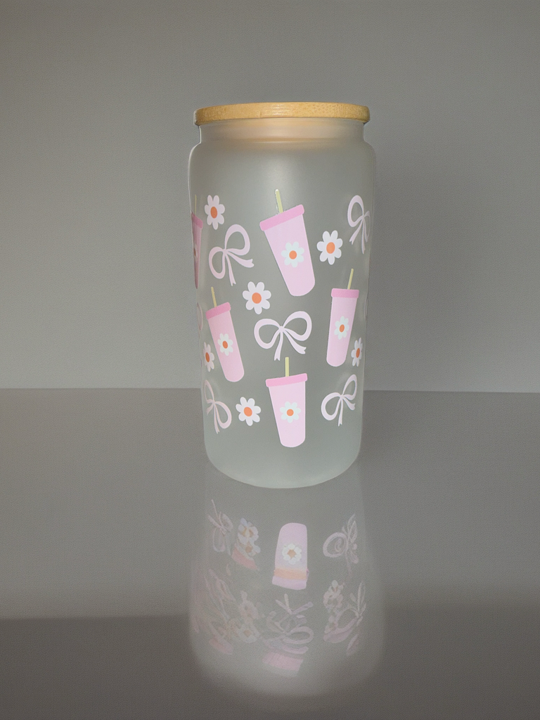 💕 Pink Cups, Bows & Daisies Frosted Glass Cup