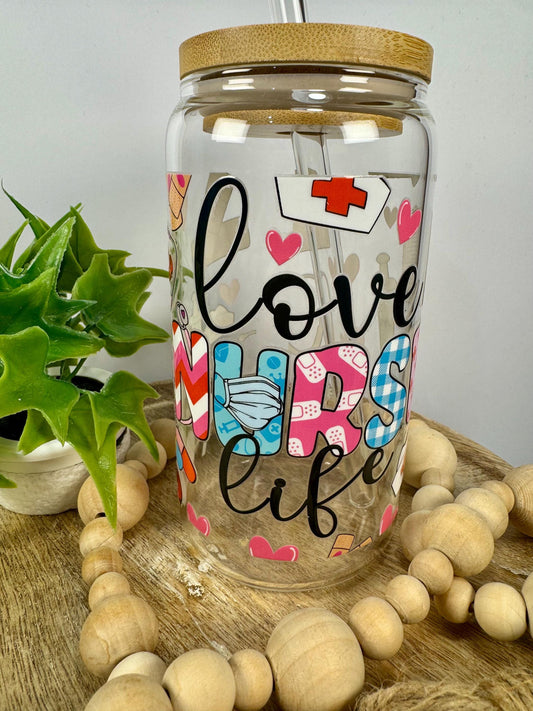 Love Nurse Life 16oz Glass Cup with Vibrant DTF Wrap