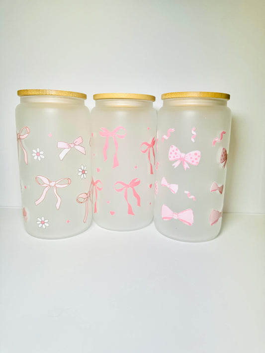 Pink Bows Style 1 Glass Cup With Bamboo Lid & Straw