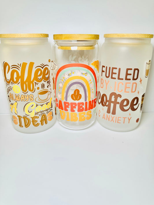 Coffee lover glass cup With Bamboo Lid & Reusable straw for all the coffee or caffeine lovers