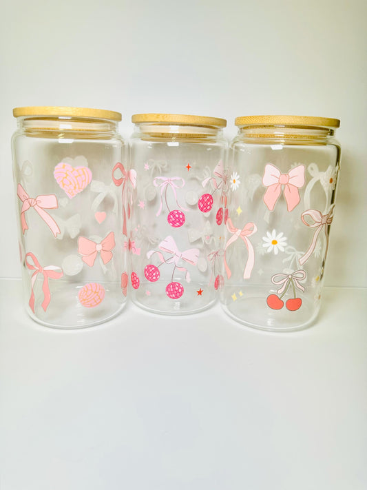 Pink Bows Style 2 Glass Cup With Bamboo Lid & Straw