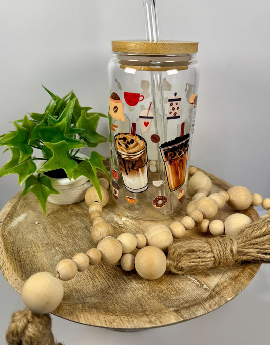Cute Coffee Style Glass Cup With Bamboo Lid & Reusable Straw for coffee lovers