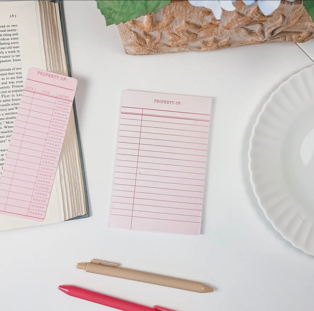 Vintage Library Card Notepad & Bookmark | Pink Stationery Set