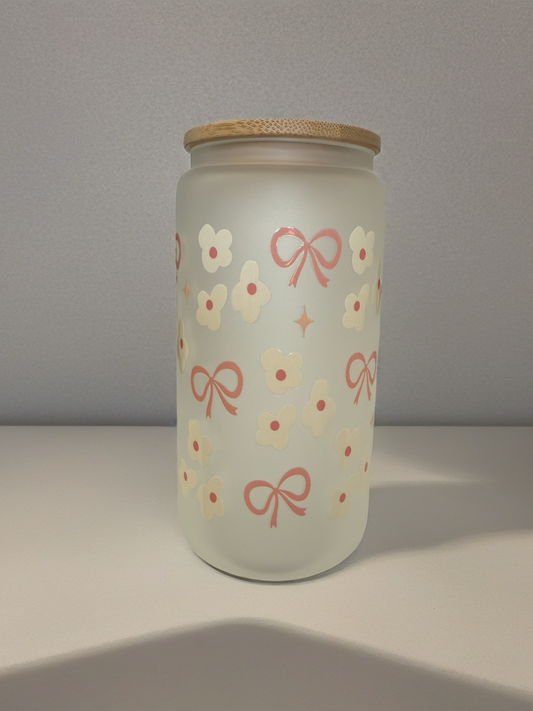 🎀 Floral Bow Glass Cup with Bamboo Lid